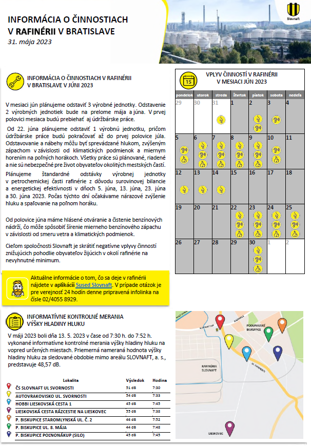 Informácia o činnostiach v rafinérii - JÚN 2023