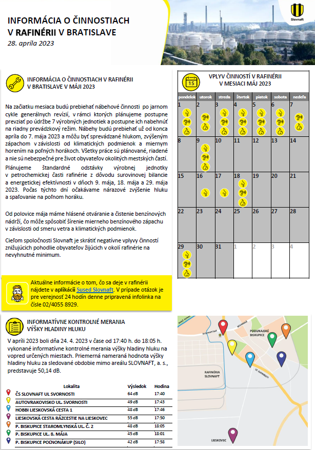 Informácia o činnostiach v rafinérií - MÁJ 2023